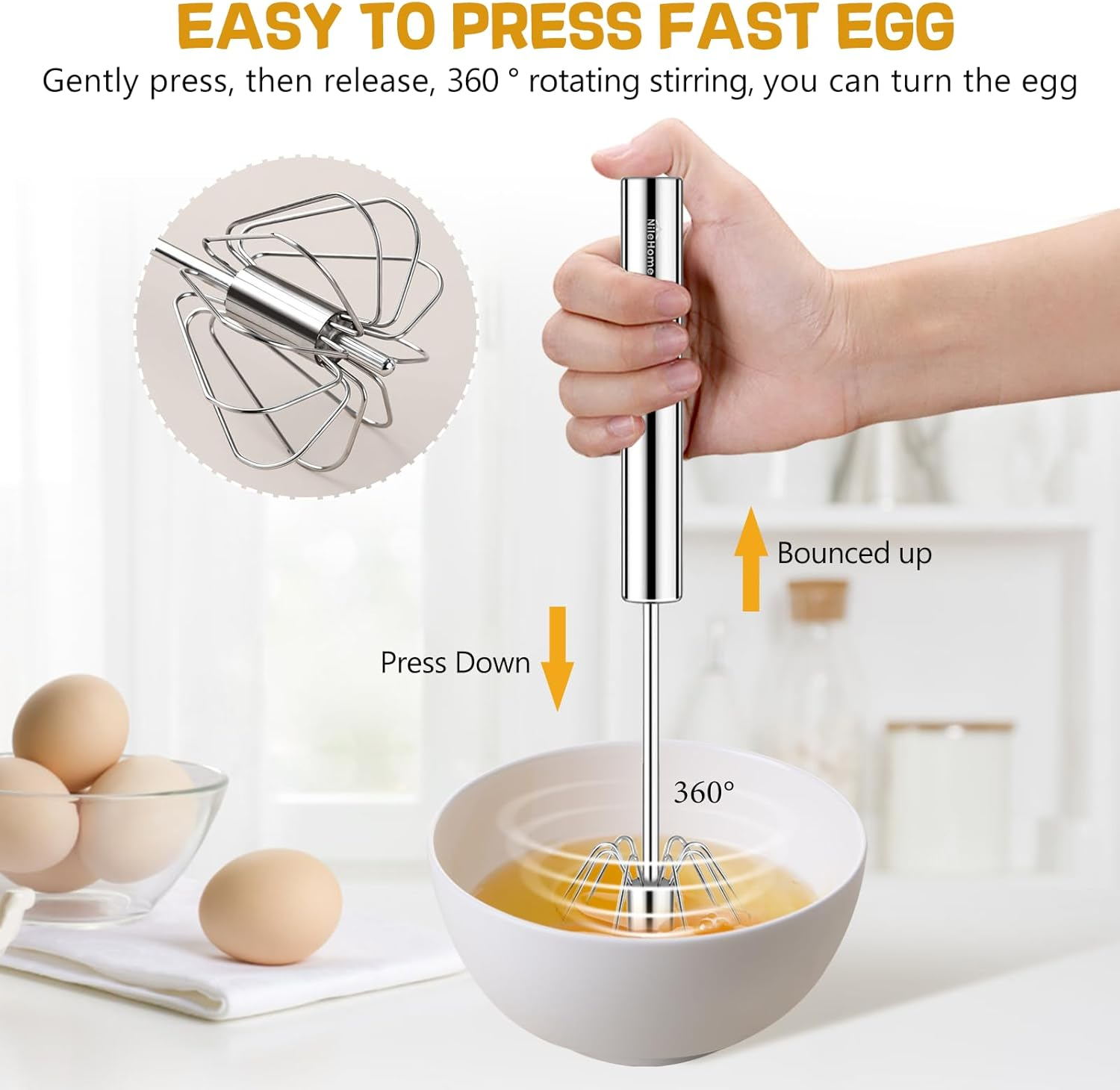 Nilehome Stainless Steel Whisk Set 8" 10" Hand Blender + 12" Semi-Automatic Rotary Kitchen Whisk Kitchen Wisk Wire Whisks for Cooking, Whisking, Blending, Beating, Stirring- 3 Pack...