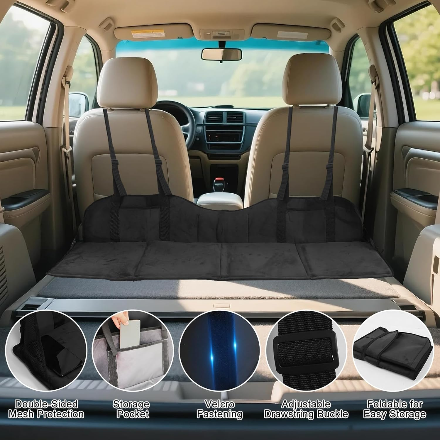 WODHMIEY Foldable Car Rear Seat Extender, Seat Mattress for Camping with Extension Plate for Car, SUV, MPV, 50X15.75X7.87In, Increase Sleeping Space and Comfort in the Rear Seat (Black, Flannel) image number 3