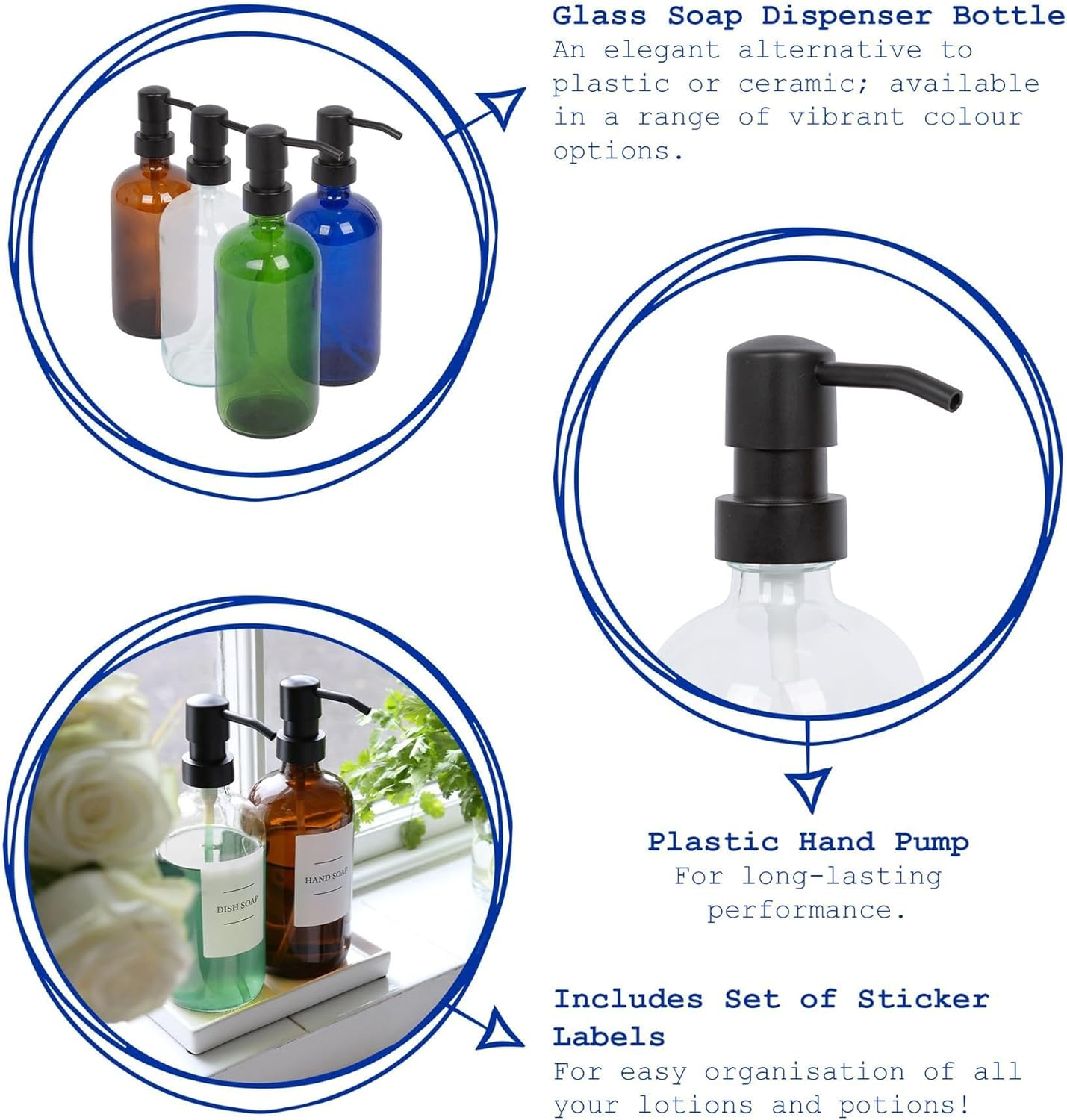 Harbour Housewares Glass Soap Dispensers with Labels - Amber/Black - 4 Pack - 500Ml Refillable Soap Dispensers Hand and Dish Liquid Pump for Bathroom, Kitchen, Laundry Room - Clear image number 6