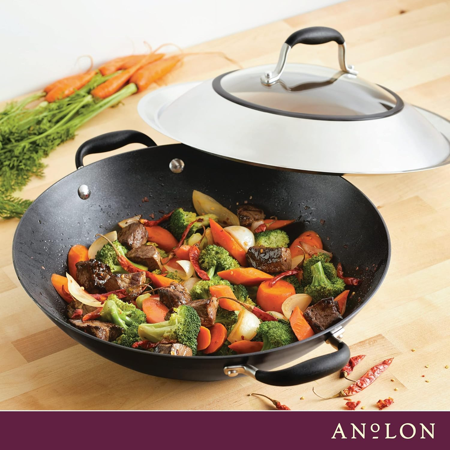 Anolon Advanced Home Hard-Anodized Nonstick Open Stock Cookware- Woks (14-Inch Covered Wok, Onyx) image number 4