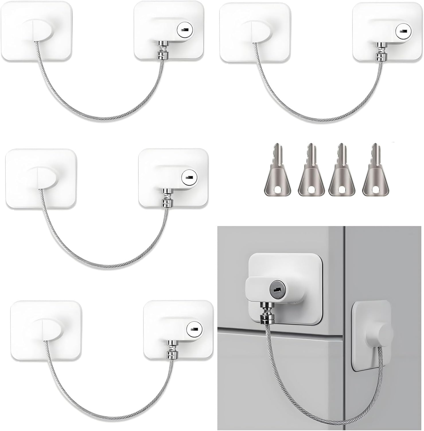 4Pack Refrigerator Locks with Keys,Self Adhesive Baby Proofing Fridge Latch Stainless Steel Zinc Alloy Strong Adhesive Lock for Refrigerators Freezers Dryers Washers Cabinets Drawers Windows image number 2
