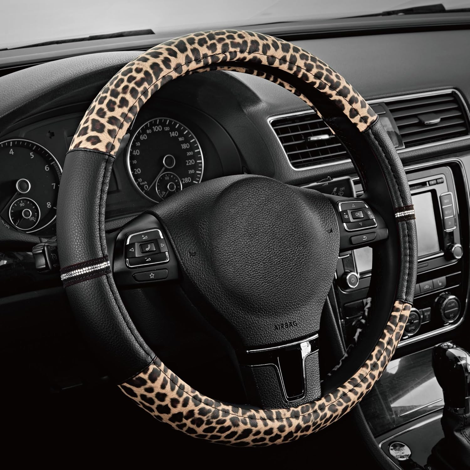 Road Comforts D-Type Steering Wheel Cover - Made with PVC Leather and Leopard Fabric - Universal Fit for 15-Inch D-Shaped Automotive Steering Wheels (Black Color)
