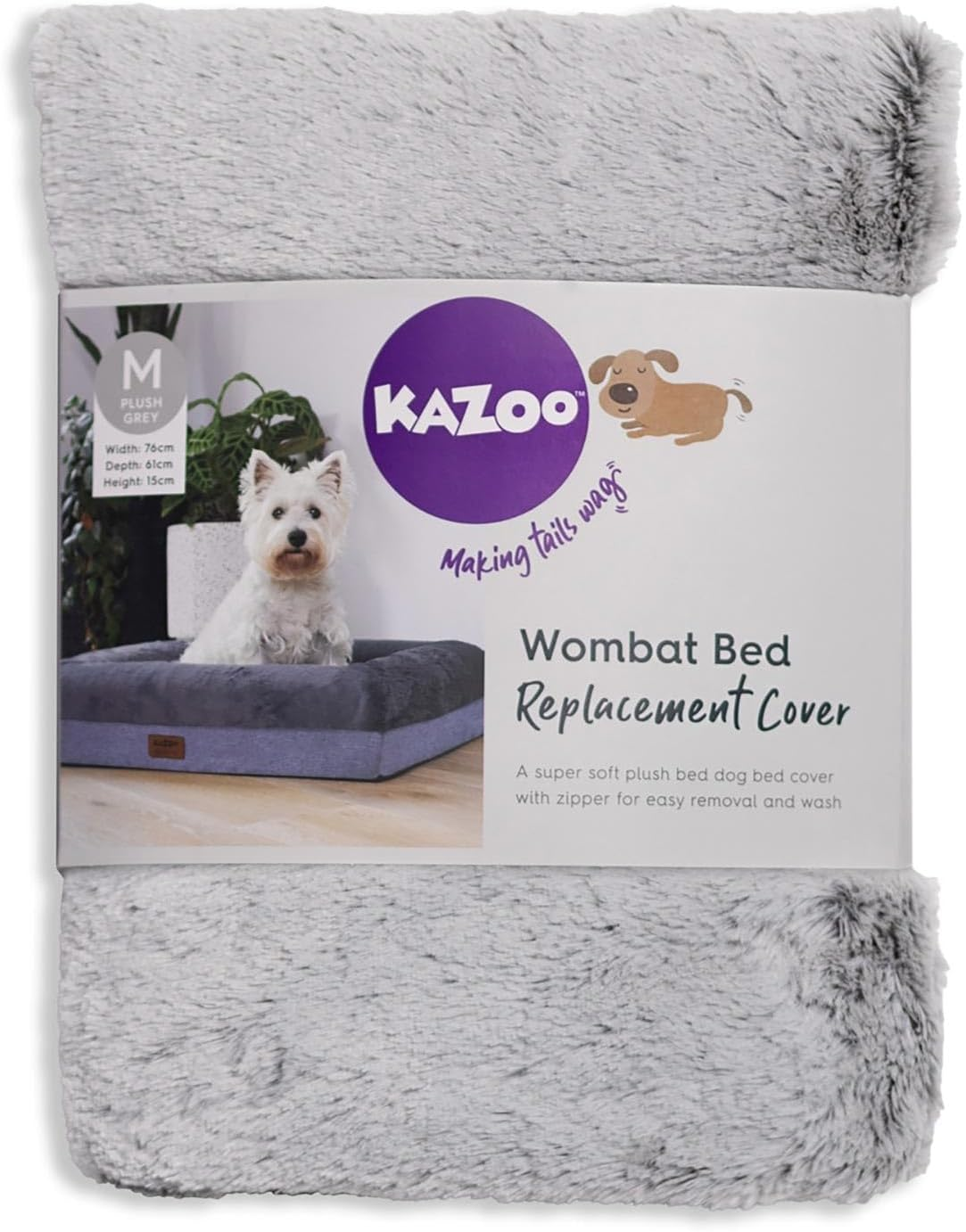 Kazoo Wombat Plush Dog Bed Replacement Cover, Grey, Medium