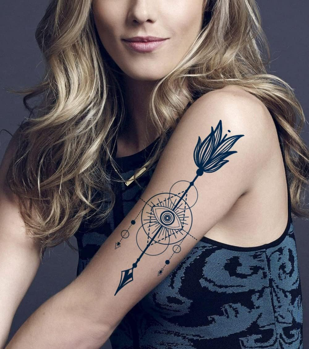 PADOUN Arrow Semi Permanent Tattoo, 6-Sheet Long Lasting 1-2 Weeks Temporary Tattoos Arrow Feather English Letter Bird Tattoo Stickers, 100% Plant-Based Ink Infinity Realistic Fake Tattoos for Women Kids Waterproof