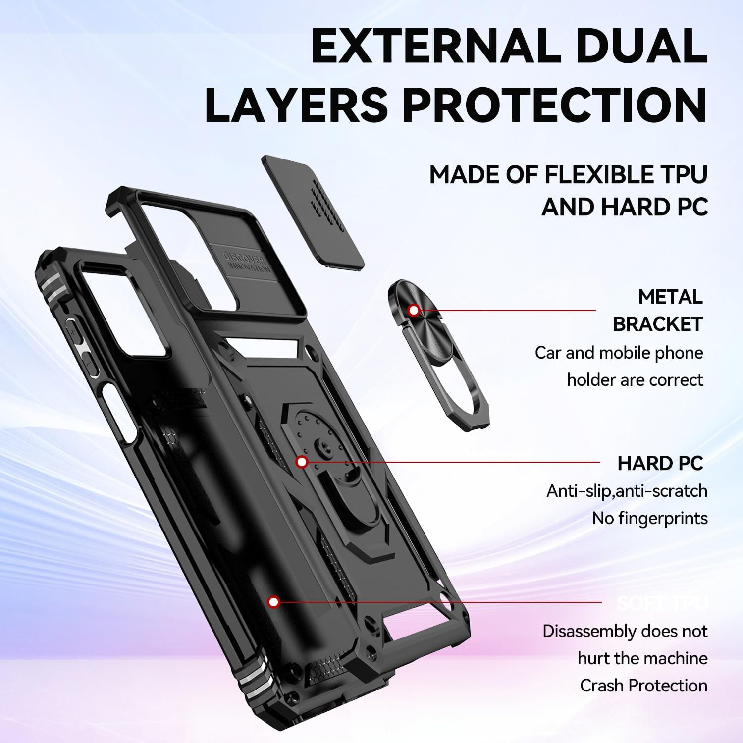 T Tersely Shockproof Case Cover for Samsung Galaxy A36/A56 5G (2025), Anti-Fall Drop Protection, Built-In Slide Anti-Scratch Camera Lens Cover, Integrated 360 Degree Rotating Ring Kickstand, Black image number 6