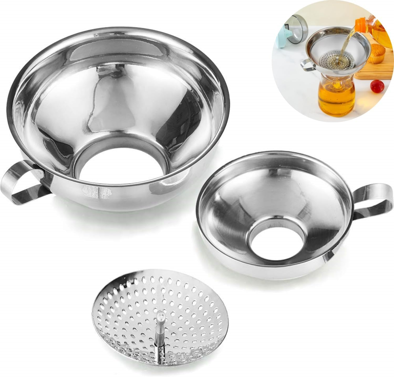 3PC Stainless Steel Canning Funnels with Strainer - Wide & Regular Mouth Mason Jar Funnels - Durable Kitchen Canning Supplies image number 3