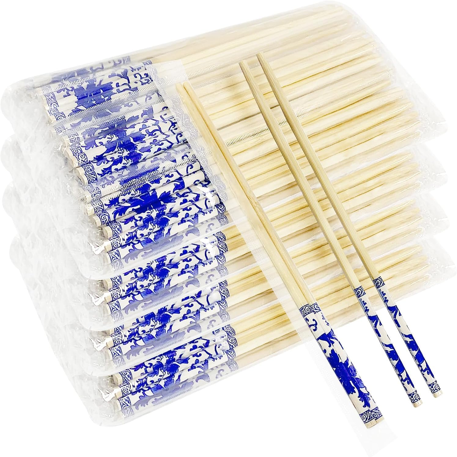 WOYAODONG 50 Pairs Disposable Blue Flower Bamboo Chopsticks, Restaurant, Individual Package Chop Sticks, Japanese Food, Thai Food, Chinese Food, Asian Food