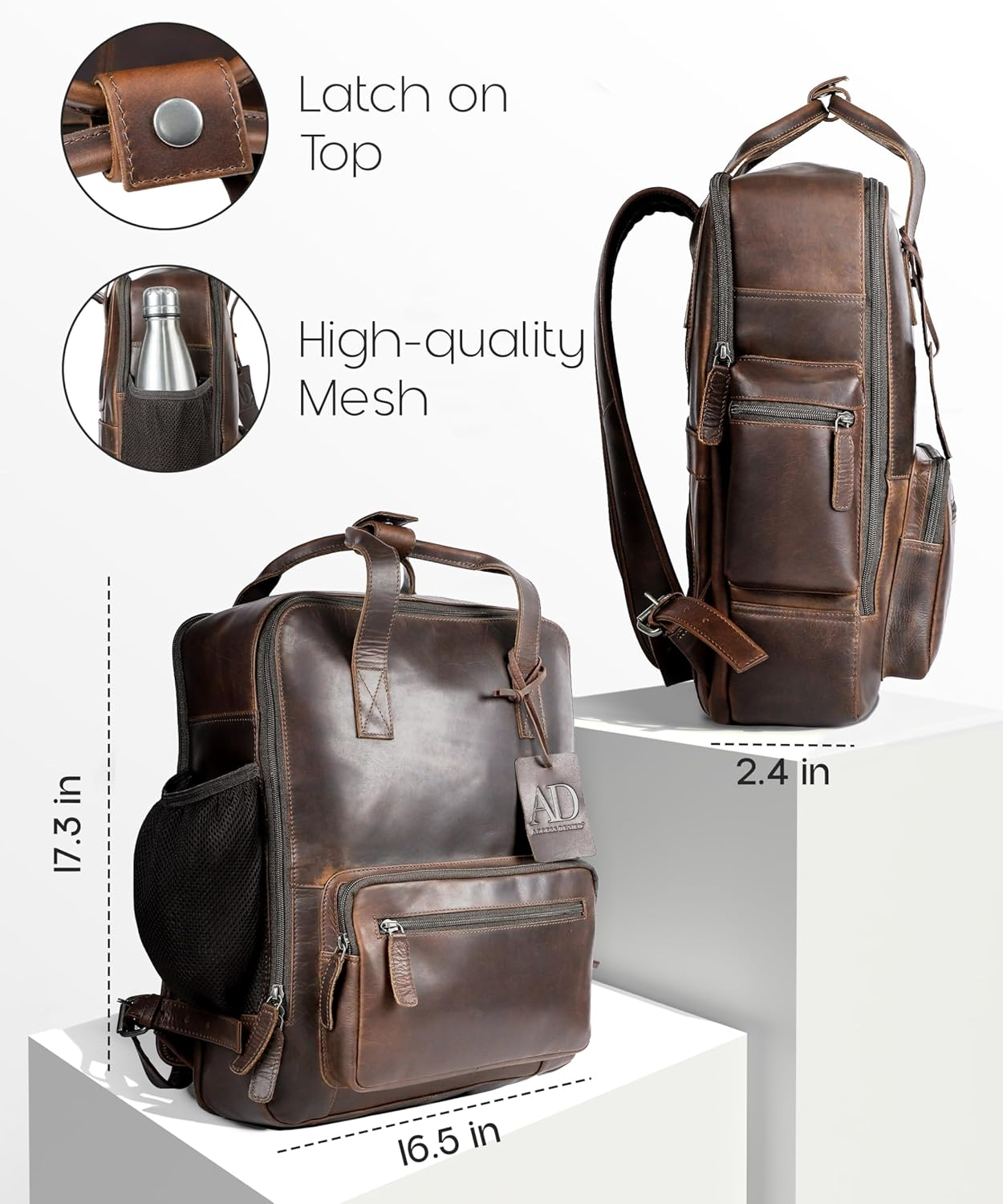 Access Denied Leather Laptop Backpack Outer Pocket Fits 16" Laptop Genuine Leather Backpack for Men image number 2