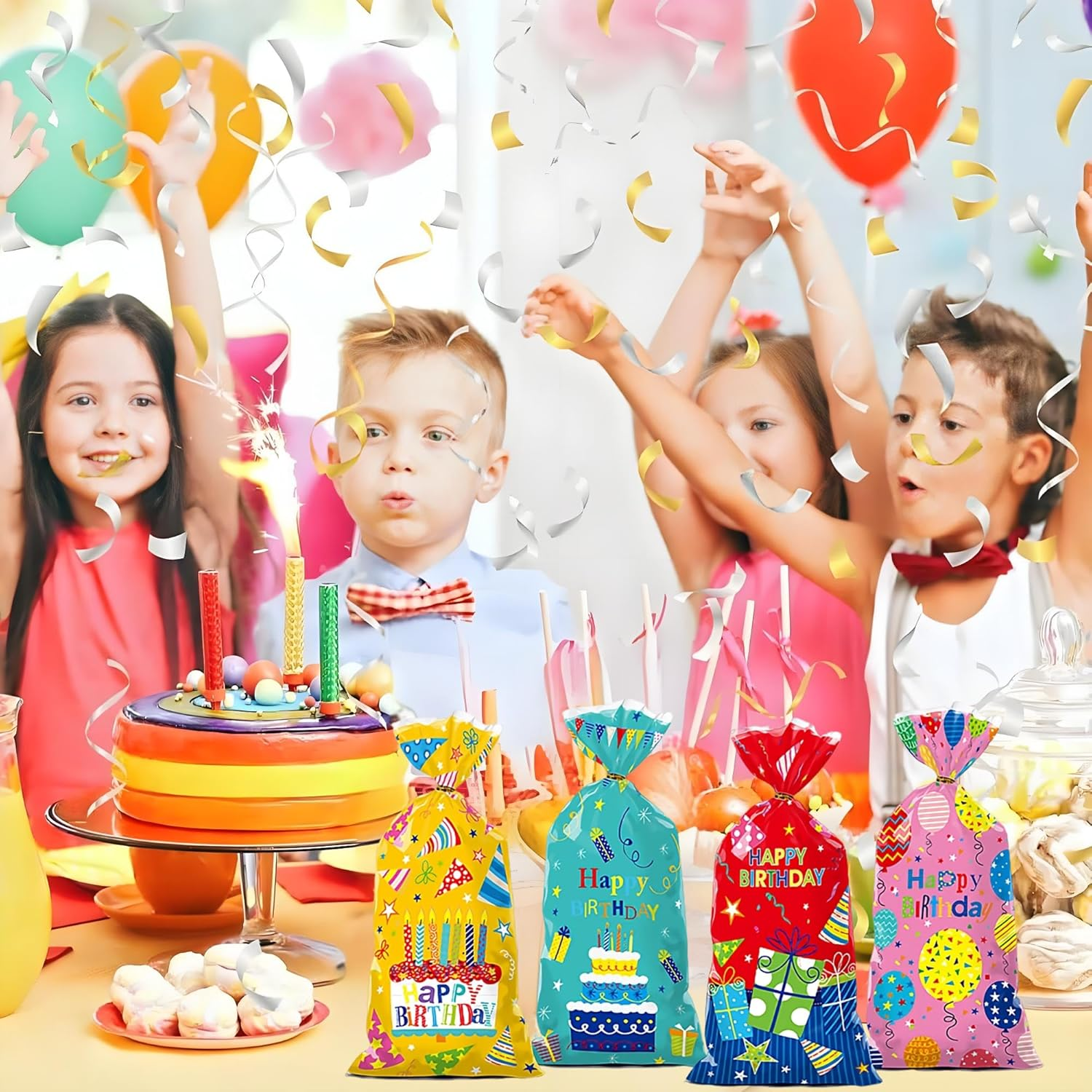 100 Pcs Birthday Treat Bags,4 Cartoon Designs Happy Birthday Cellophane Bags Candy Goodies Snacks Cookies Bags with Twist Ties for Birth Day, Baby Showers, Holiday Party Favor Gift Decor (Colorful) - Colorful image number 5