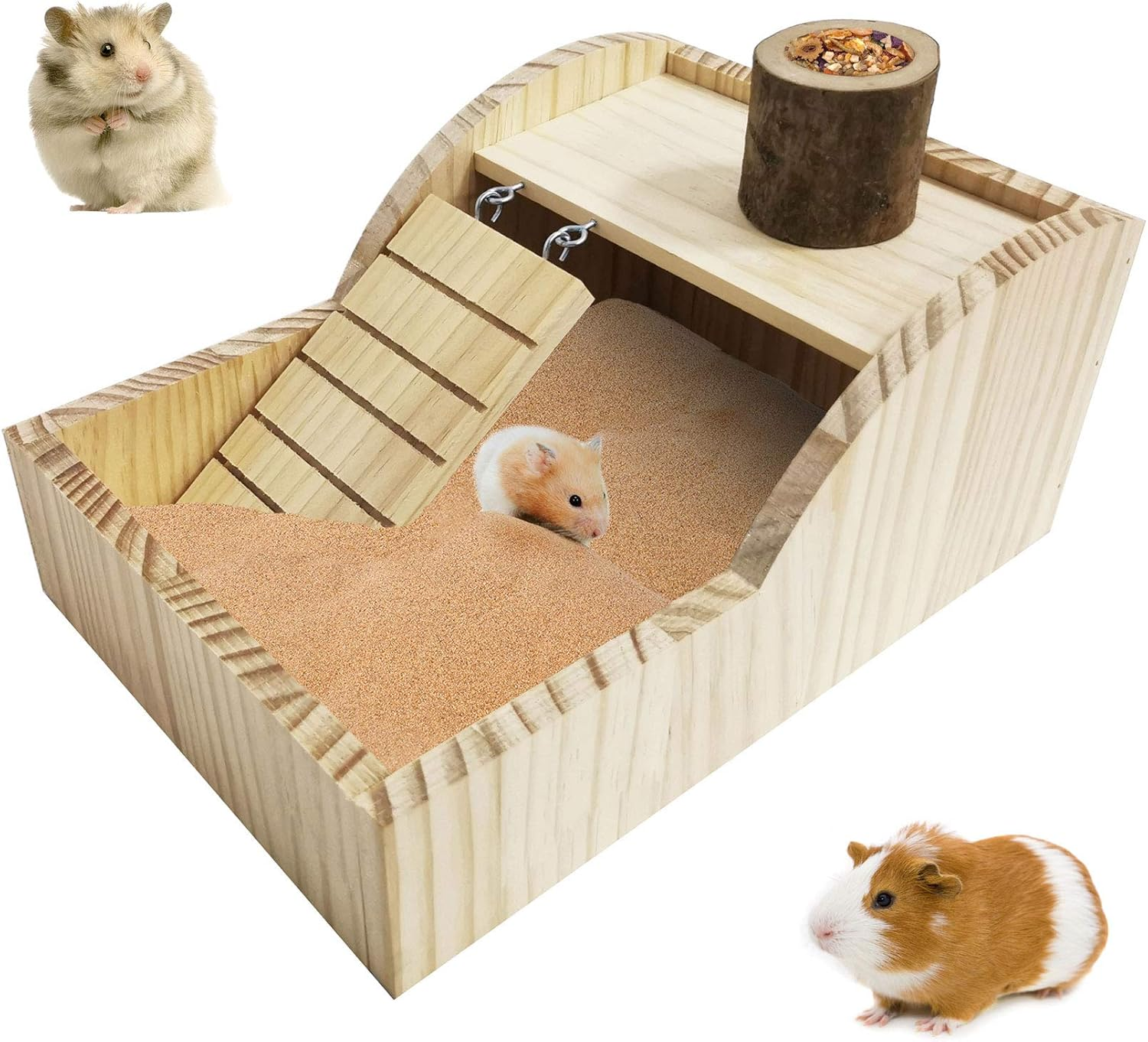 PINVNBY Hamster Sand Bath Box Wooden Shower Room Digging Sand Bathtub Container with Climbing Ladder Bowl Bathroom for Dwarf Syrian Mice Mouse Gerbils and Other Small Animals image number 3