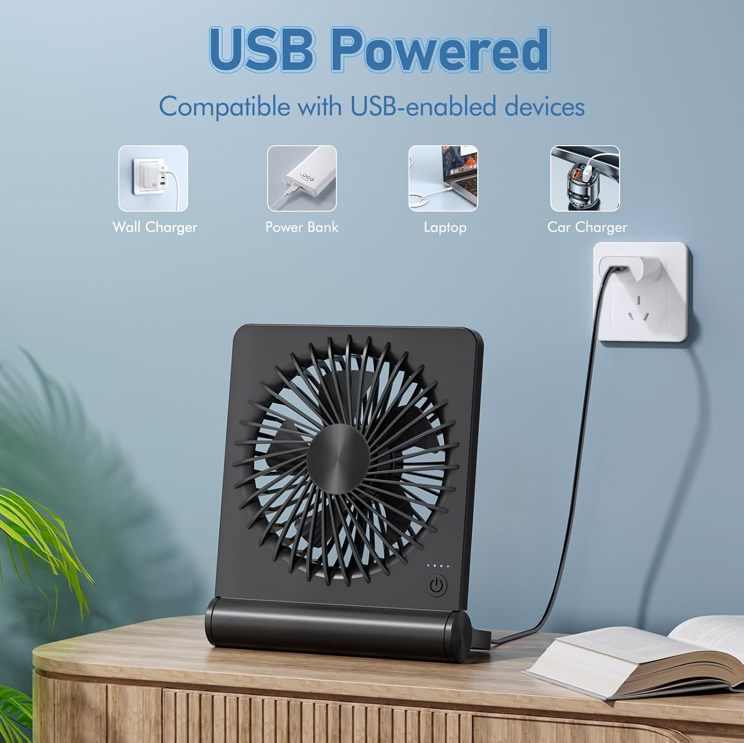 JOSTRY Desk Fan USB Powered with 3 Speeds Adjustable Strong Wind, Ultra Quiet Mini Personal Fan USB-C Corded Powered,220&deg; Tilt Folding Plug in USB Fan - White image number 6