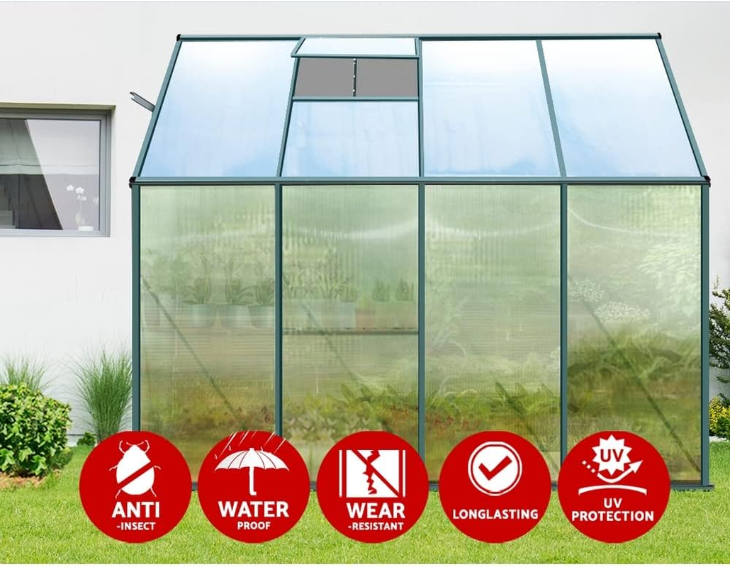 Green Fingers Greenhouse Polycarbonate Green House Mini Garden Shed Gardening Supplies Plant Stand Storage, 252 X 127 X 213Cm Aluminium Frame with Lockable Door and Gutter System image number 5