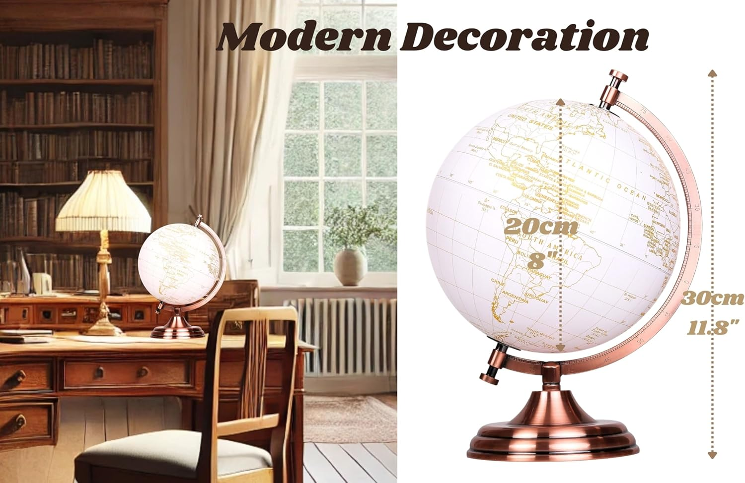 Exerz World Globe (Dia 8"/20 Cm) - Educational/Geographic/Modern Desktop Decoration - Metallic Golden World Globe Diameter 20 CM image number 1
