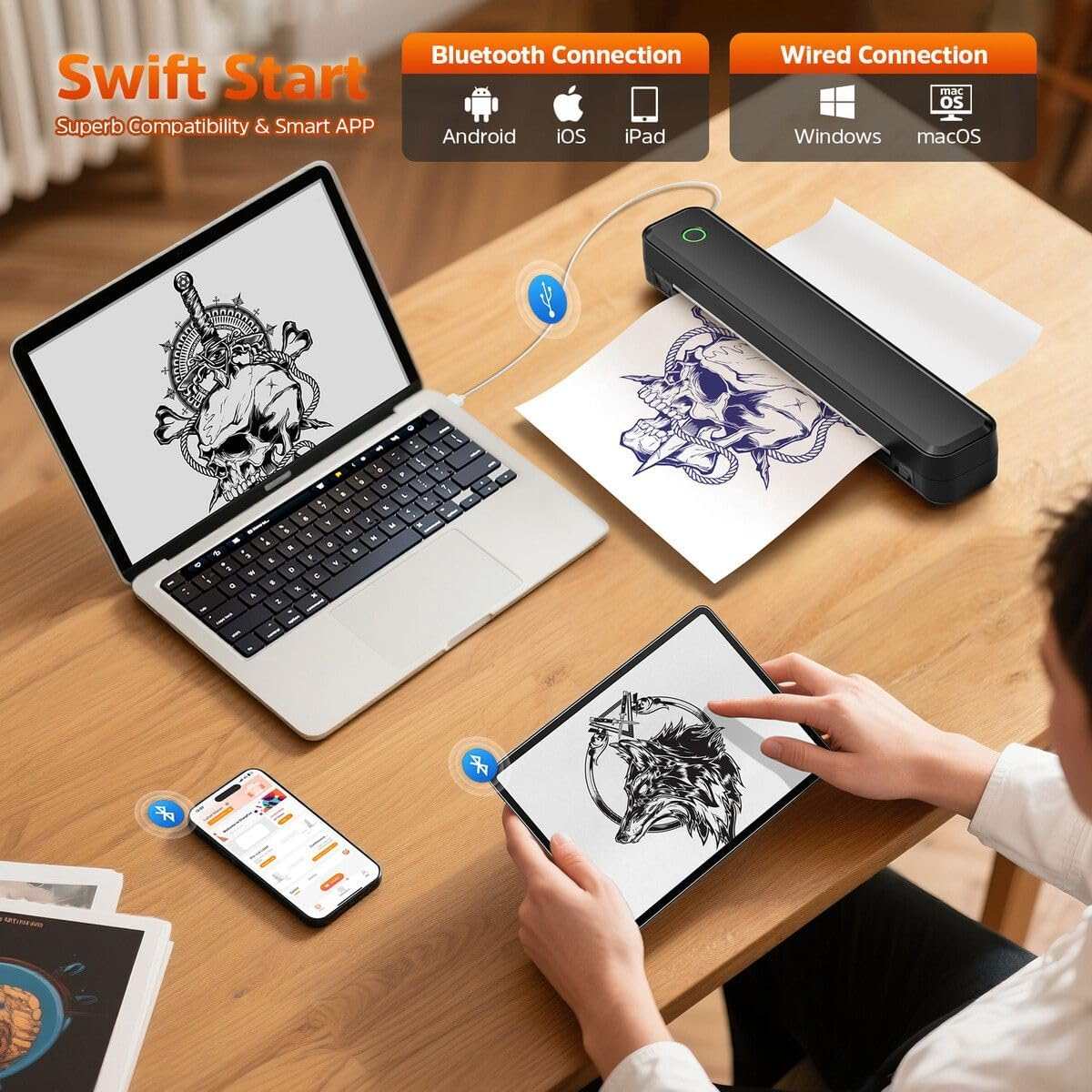 AUSWAY Tattoo Stencil Printer Wireless Thermal Transfer Machine Tattooing Drawing Copier Bluetooth USB Body Art Maker DIY Portable Compatible for Phone Tablet PC image number 5