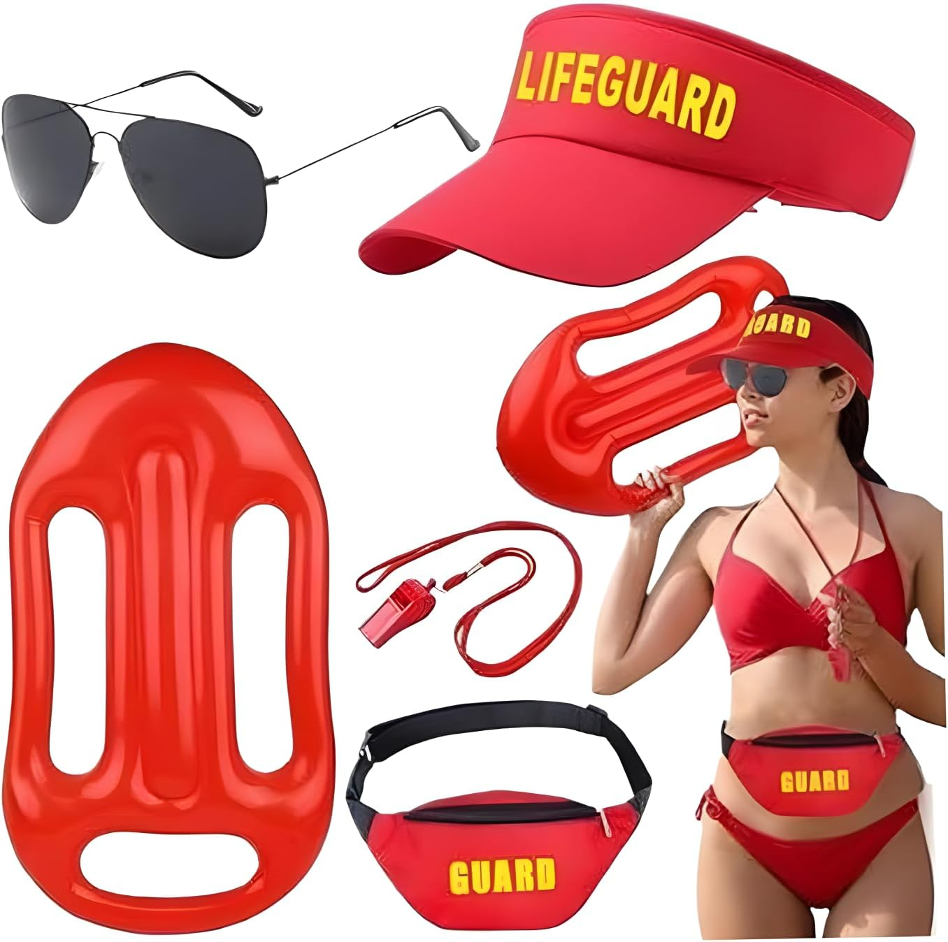 Lifeguard Costume Accessories,Cosplay Costume Men Women with Red Inflatable Rescue Aid, Baywatch Costume Accessory for Theme Party 5Pcs.
