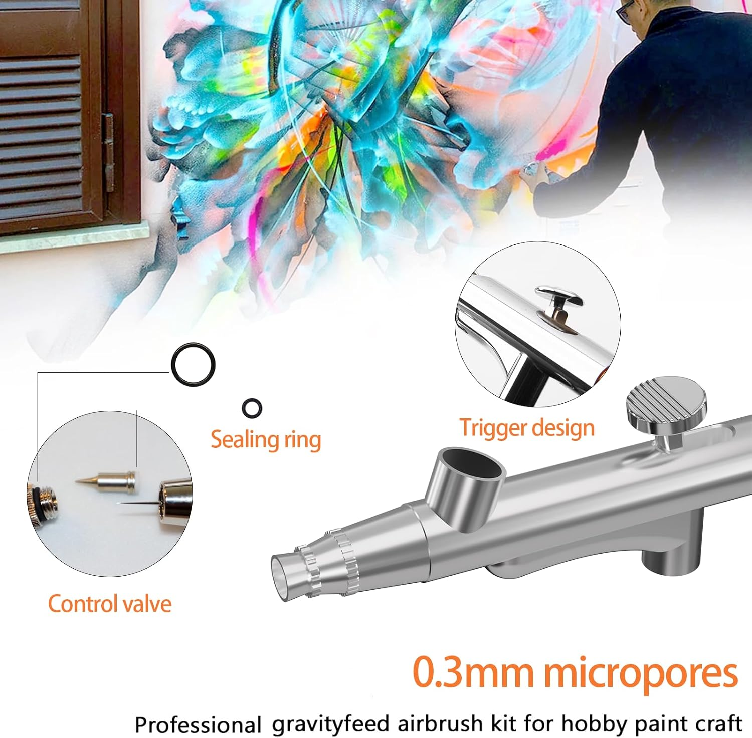 Airbrush Kit Portable Airbrush Accessories Air Brush Kit with Air Compressor 0.3 Mm Needles Air Brush Gun Set for Painting,Model,Cake Decorating，Makeup，Nail Art (Pink -0.3 Nozzle) - Black -0.3 Nozzle image number 3