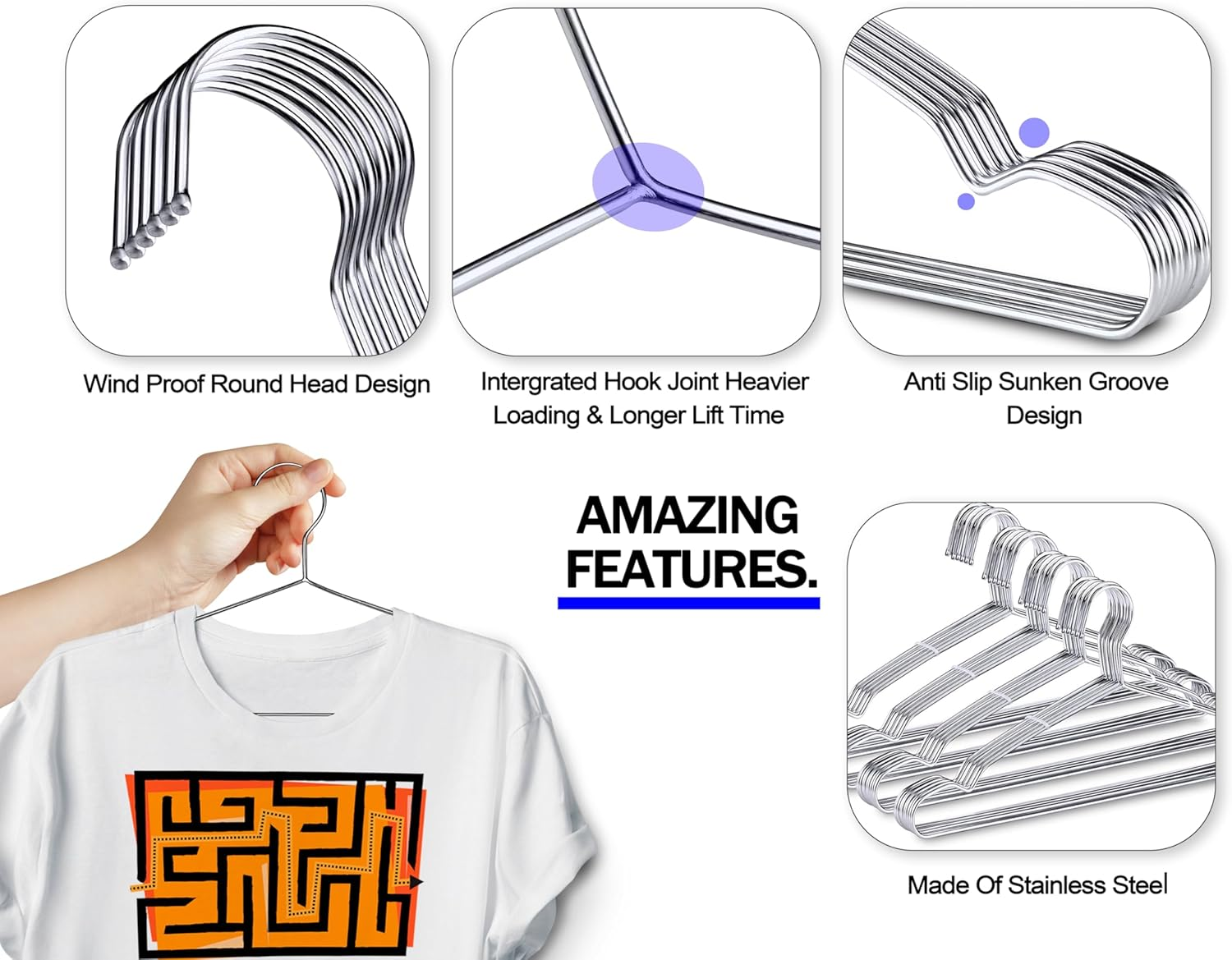 GVTECH Metal Stainless Steel Hanger, [50 Pack] Solid Hanger 42 CM Heavy Duty Lightweight Sturdy and Durable for Standard Jacket Pants Space Saving Home Hangers for Adults (50 Pack) image number 5