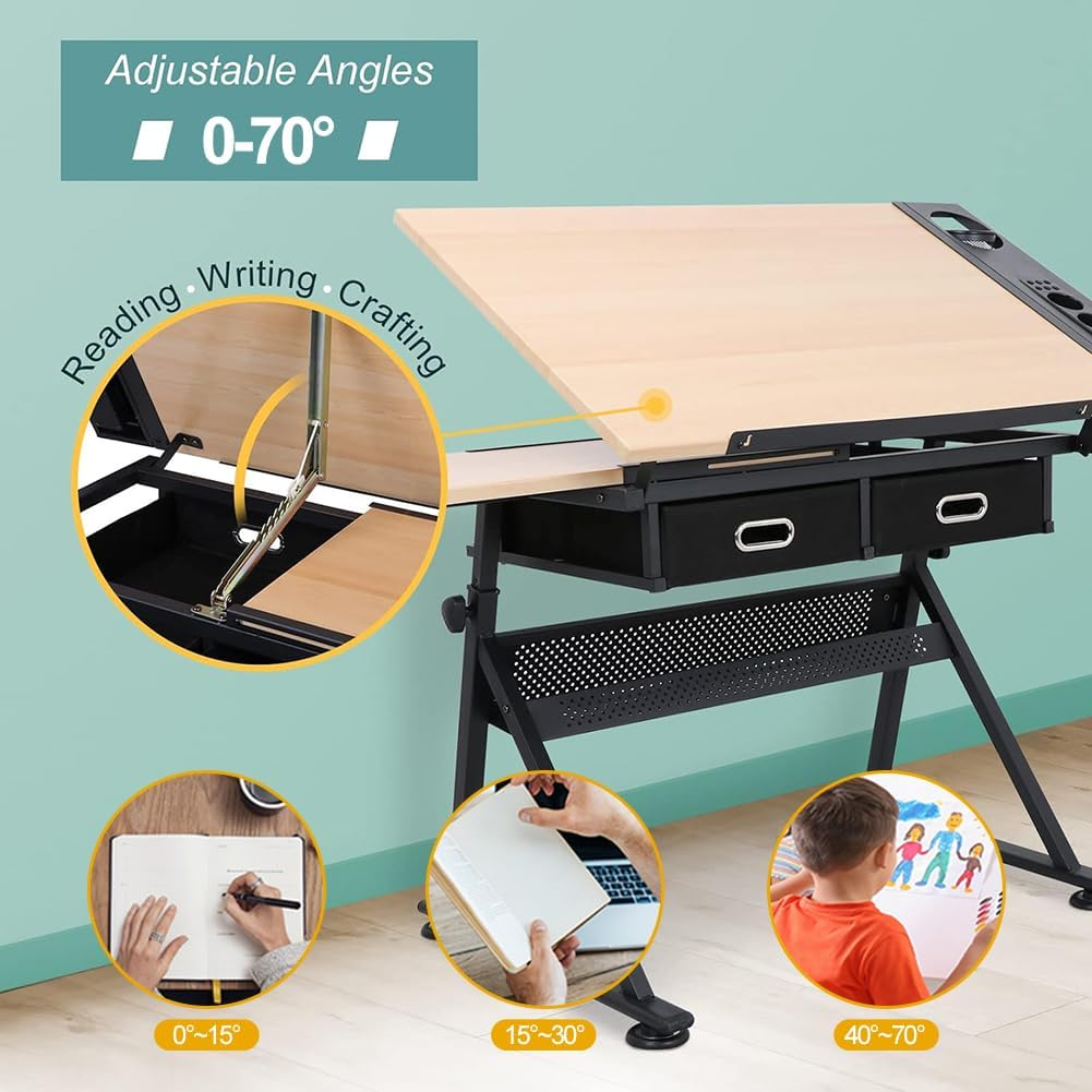 Drawing Tables for Artists,Height Angle Adjustable Drafting Desk W/2 Drawers Craft Station W/Metal Frame Tiltable Art Desk Work Station for Painting, Writing, Studying (Wood) image number 3