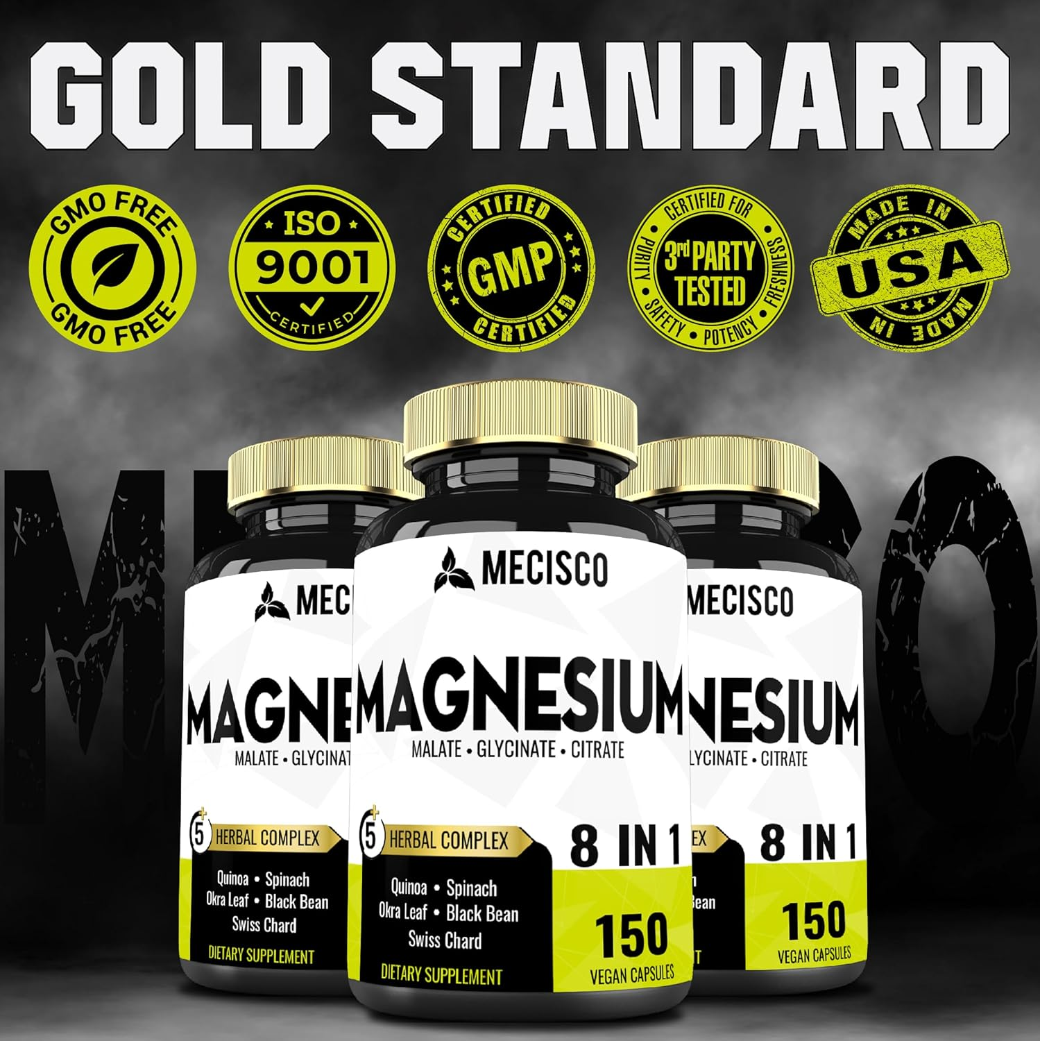 15500Mg Magnesium Complex Supplement Added Organic Spinach Leaf, Organic Swiss Chard Leaf, Okra Leaf, Quinoa & Black Bean - 150 Capsules for 75-Day Supply - Brain Support, Restful Mood & Immunity image number 1