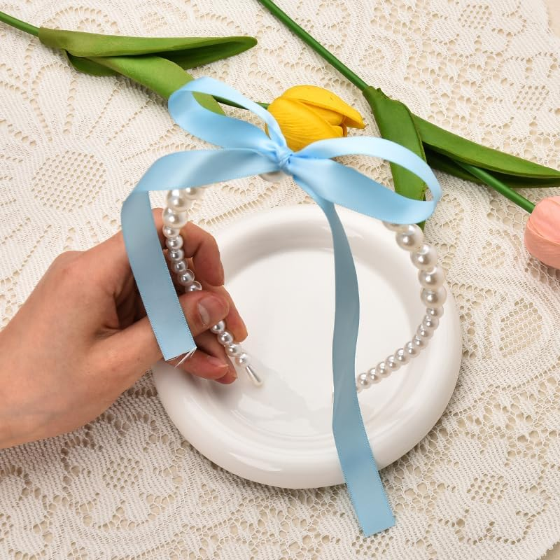 Pearl Bowknot Headband for Women Girls Blue Bow Knotted Hair Band for Women Girls Bridal Hair Decorations with Bows Female Pearl Headpiece - Blue image number 5