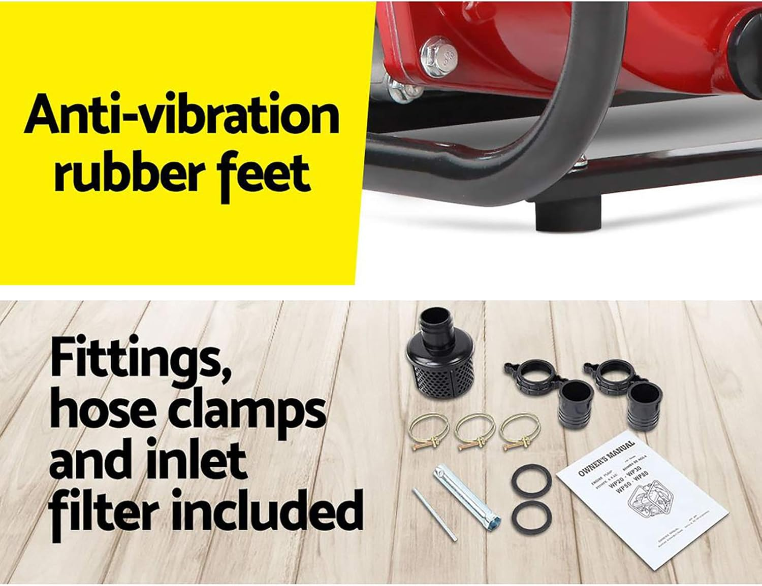 Giantz Petrol Water Pump, 2" High Flow Transfer Fire Fighting Pumps Rain Tank Oil Irrigation Garden Farm Pond Outdoor Irrigations, with Hose Fittings Inlet Filter Rubber Feet Black Red