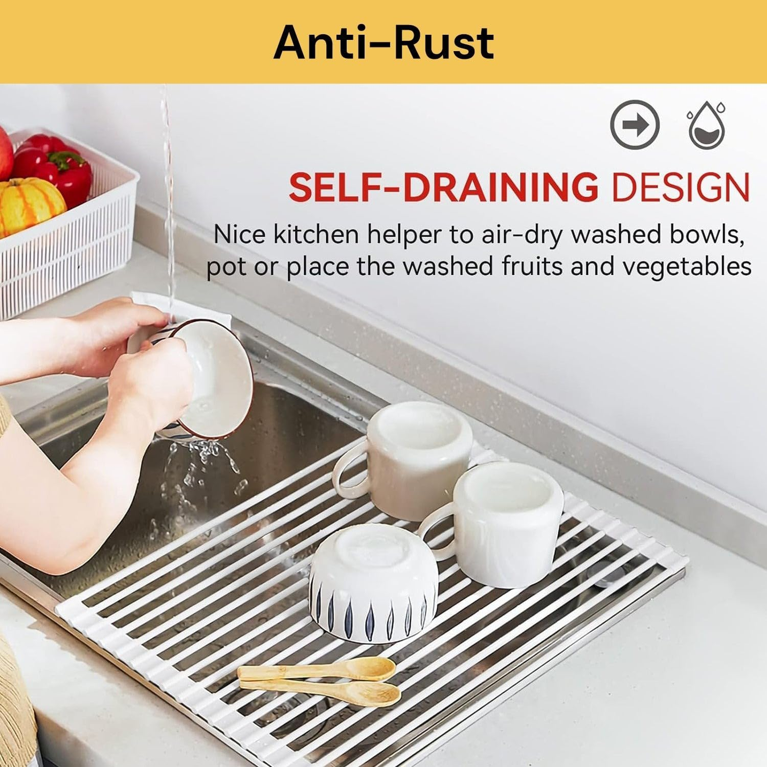 Spendeal over Sink Dish Rack Multipurpose Foldable Anti-Rust Roll up Dish Drying Rack Cover Kitchen Sink Accessories Gadget (White, Large - 20.5" X 13.1") image number 2