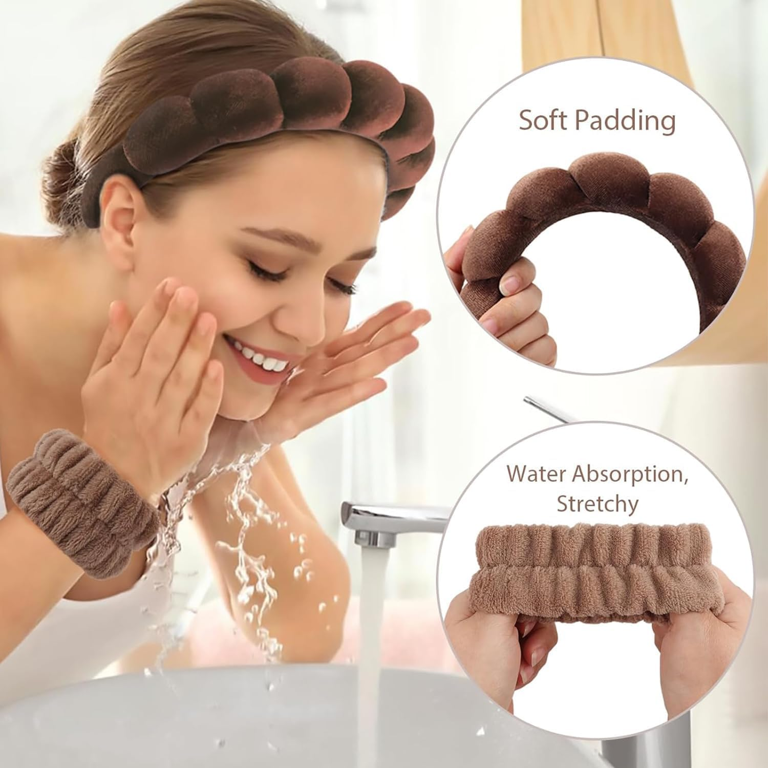 Sponge Headband Bracelet Sets for Washing Face, Makeup Headbands for Women Girls, Skin Care Makeup Removal Washing Spa Yoga Sports Shower Headband Terry Towel Hair Band image number 6