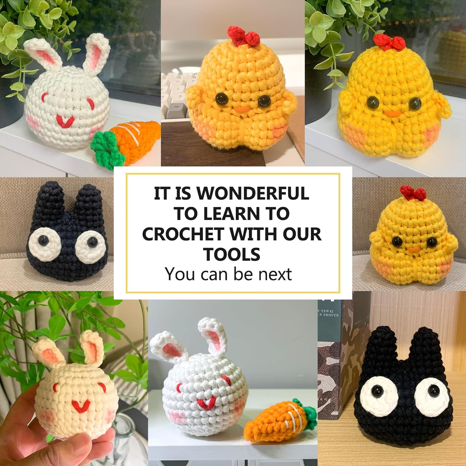 XSEINO Crochet Kit for Beginners,Crochet Start Kit with Step-By-Step Video Tutorials,Learn to Crochet Kit for Adults and Kids - Cat,Chick,Rabbit,Carrot