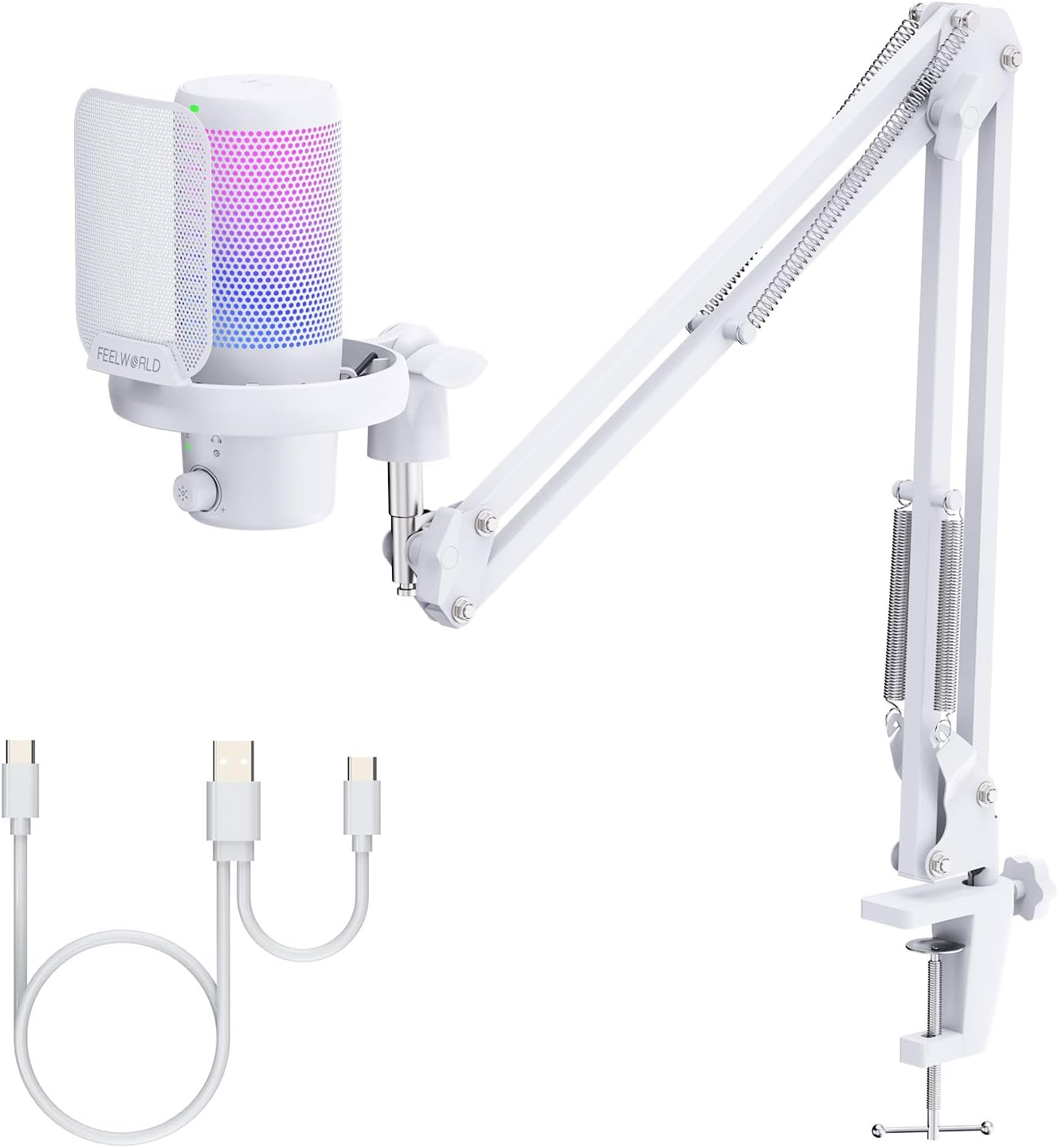 FEELWORLD VM1 White Gaming PC USB Microphone Condenser Mic with Boom Arm Noise Cancellation RGB Light Mute, Computer Accessories for Gamer Youtube Twitch Podcast Streaming Recording Chat PS4 PS5