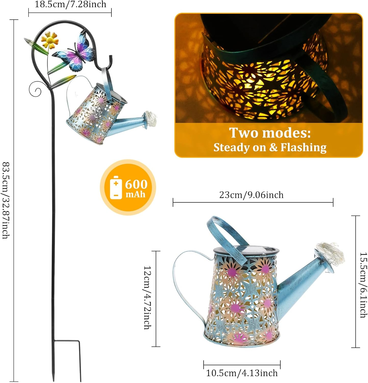 Solar Watering Can Light Solar Garden Lights Waterproof Rustproof Retro Metal Hanging Solar Lantern Outdoor Decor with Shepherd Hook with 2 Modes for Garden Porch Lawn Driveway Backyard Pathway