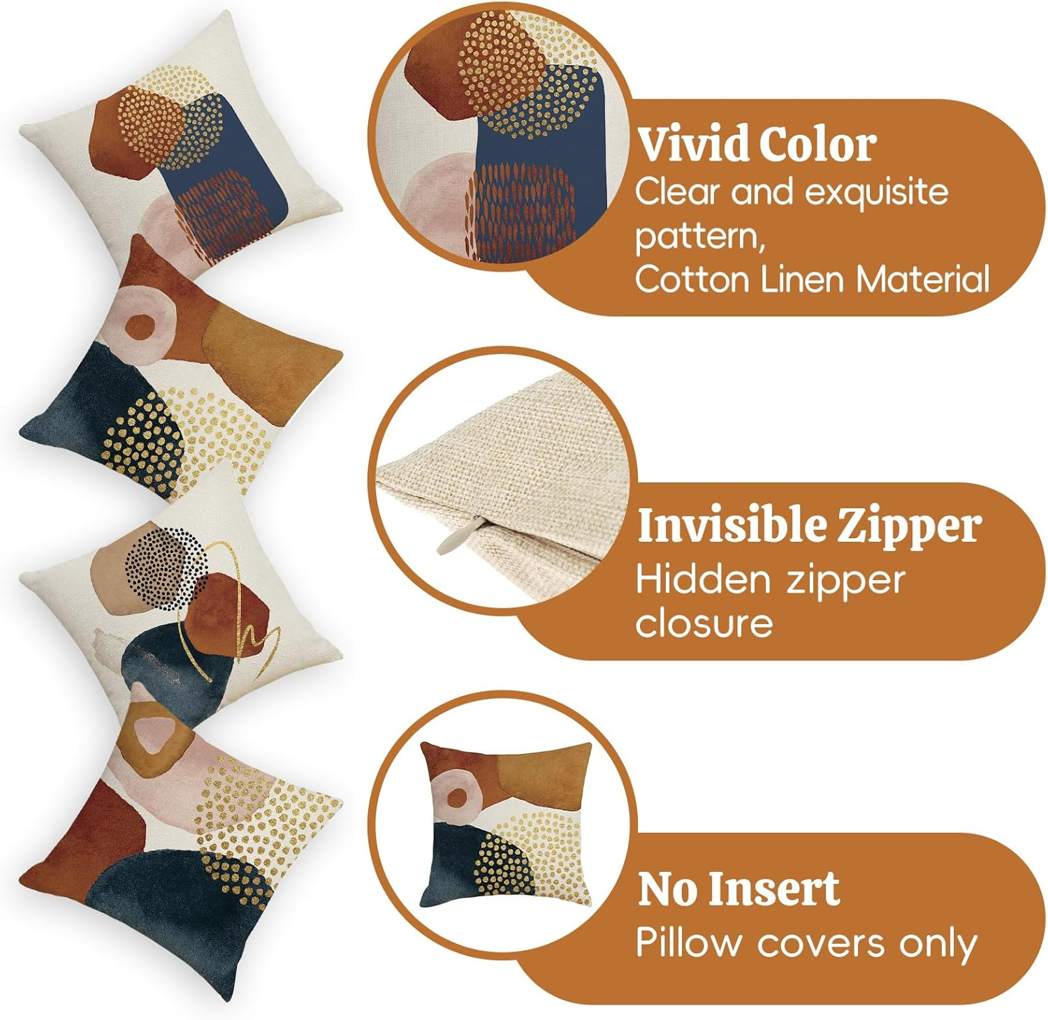 Square Linen Pillow Covers 45X45Cm Set of 4 Boho Abstract Modern Art Decorative Throw Pillow Cover Minimalist Geometric Bohemian Cushion Case for Couch, Bed, Home Decor