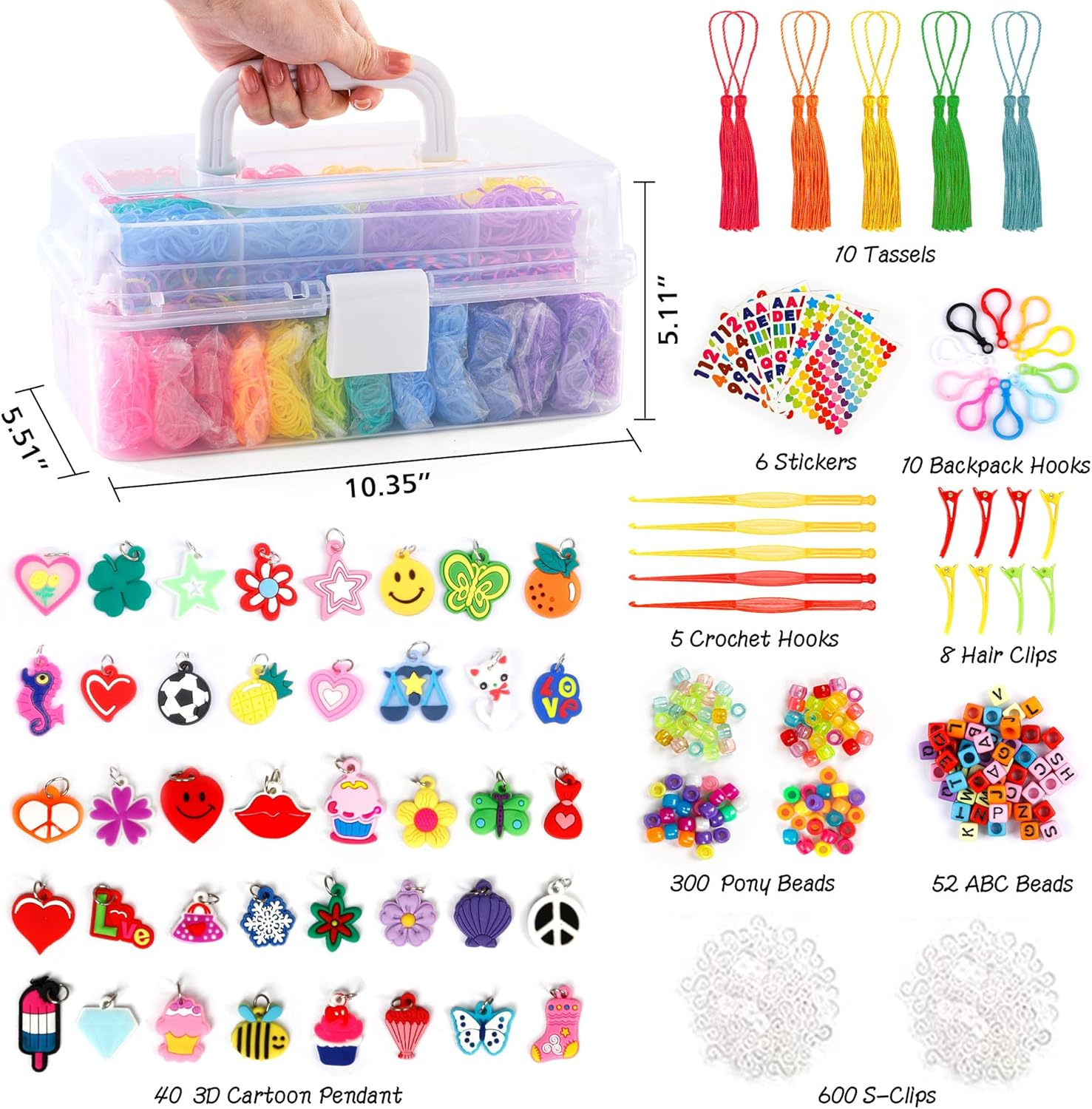 INSCRAFT 17500+ Rubber Loom Bands with 3 Layer Transparent Container, 28 Colors, 600 S-Clips, 352 Beads, 40 Cartoon Pendant, Bracelet Making Refill Kit for Kids image number 2
