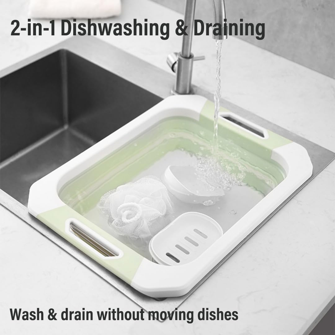 Collapsible Dish Basin with Drain Plug, Space Saving Multiuse Foldable Wash Basin, Dish Tub, Dishpan, Kitchen Sink, Beverage Tubs, Camping Sink for Washing Dishes and Vegetable (Green) image number 1