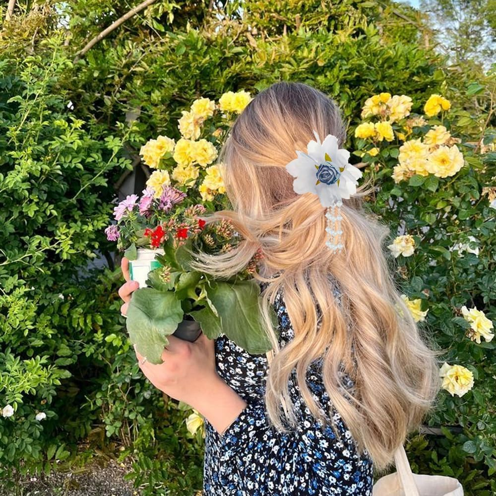 2 PACK Flower Tassels Hair Clips, Medium Flower Clips for Thick Thin Hair, Beautiful Girls Flower Hair Claw Clips Non Slip Hair Accessories for Women Girls image number 1