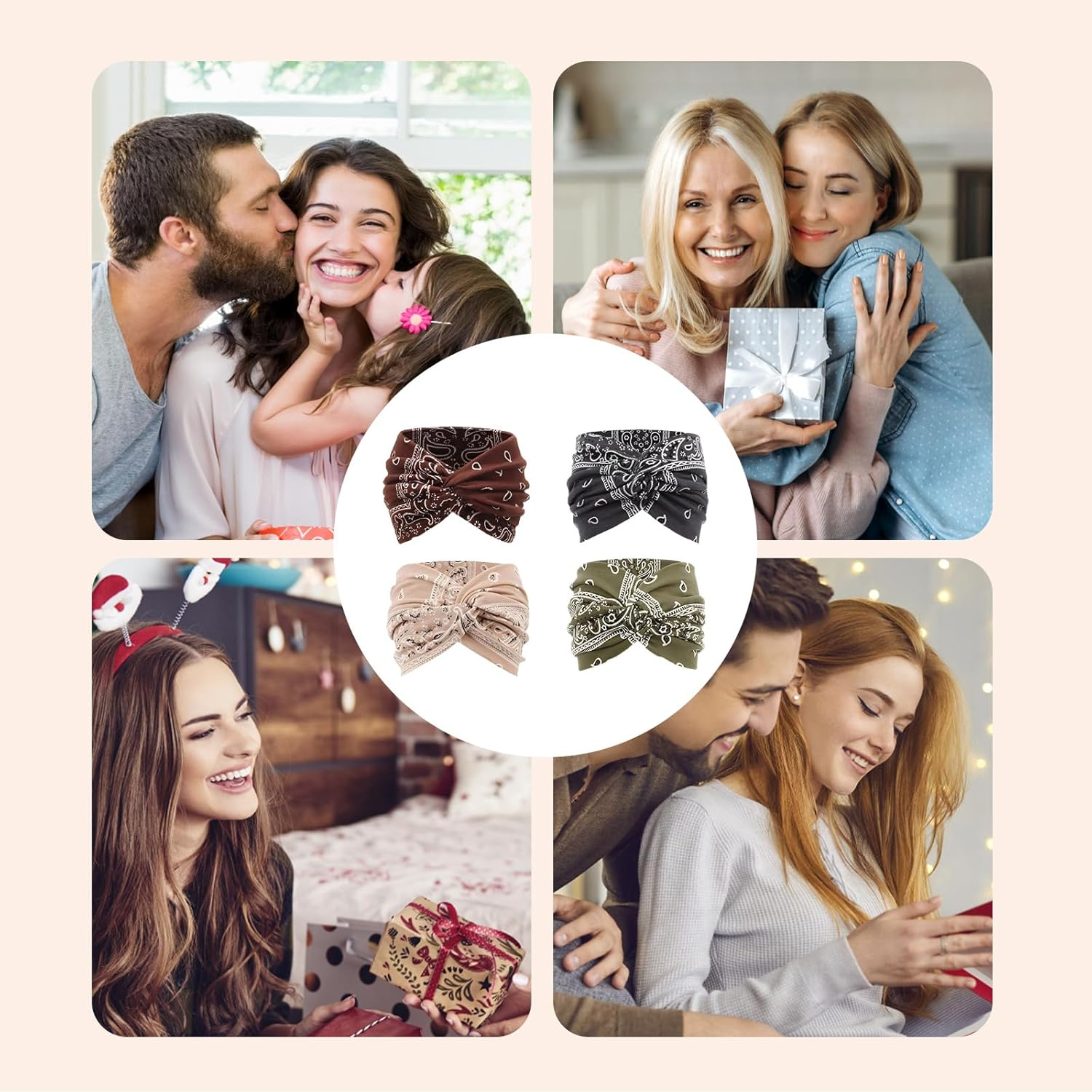 Women'S Hair Bands, Pack of 4, Boho Hair Bands, 22 X 10 Cm, Cotton, Soft Headscarves for Yoga, Sports and Summer (Grey, Brown, Beige, Green) image number 5