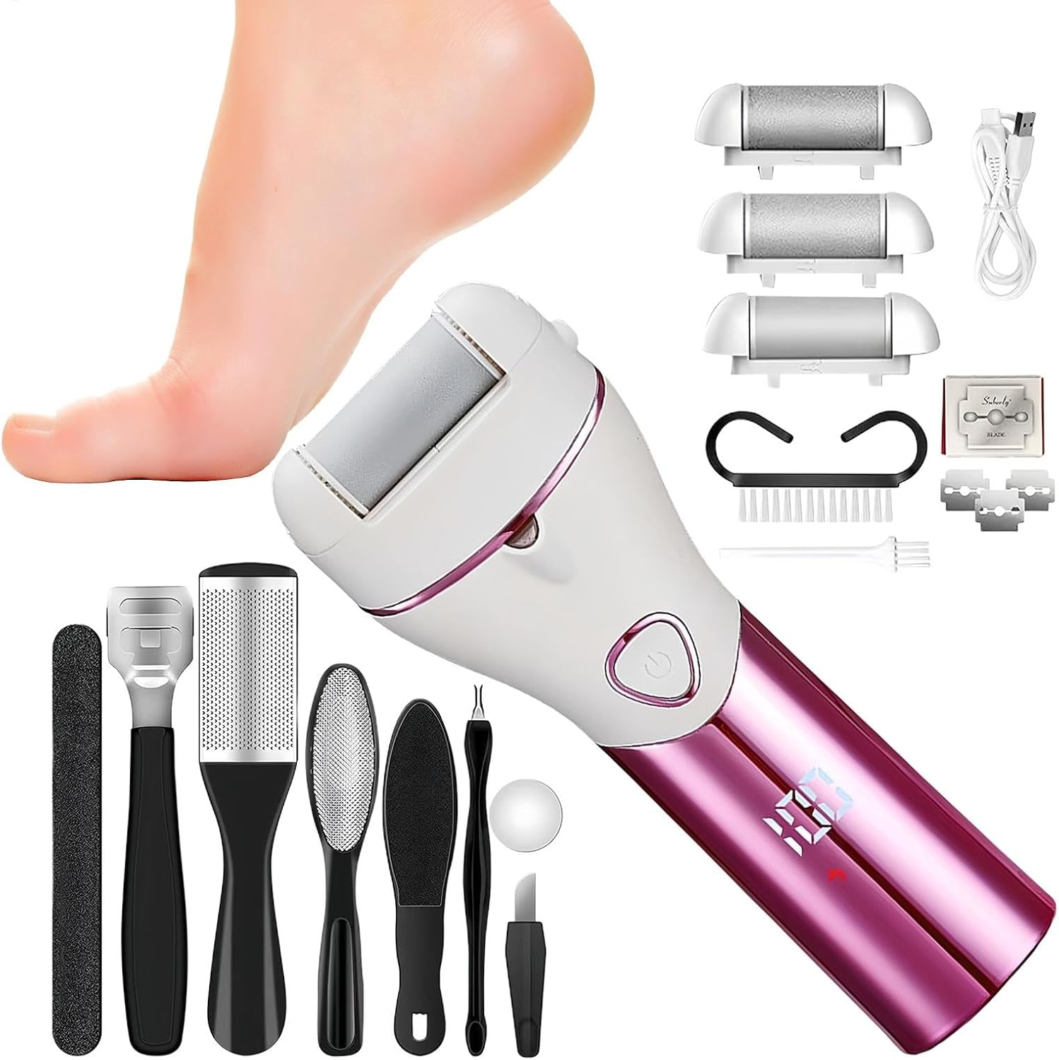 Electric Callus Remover - Rechargeable Dead Skin Remover,Electric Foot Care Kit with 3 Grinding Heads for Hard Cracked Dry Dead Skin - Blue image number 2