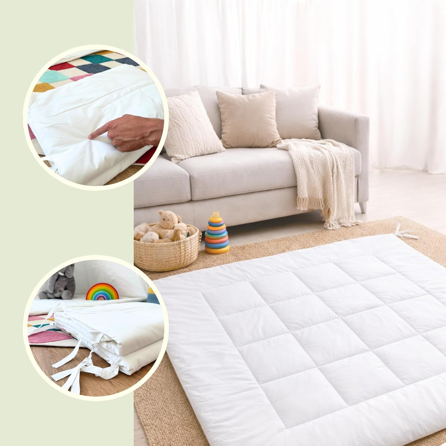 ALRITHO&reg; Floor Mat with Ribbons 120 X 120 Cm Padded Mat for Teepee Tents for Children, Play Tents, Playhouses, Cosy Play Blanket for Children, Made of Cotton [White] image number 1