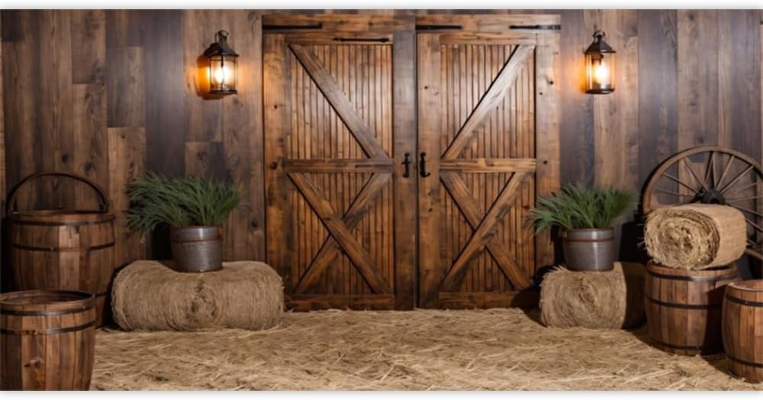 Rustic Barn Door Backdrop 10X8Ft Fabric Farm Barn Backdrops for Wedding Party,Western Country Theme Birthday Baby Shower Party Backdrop image number 3