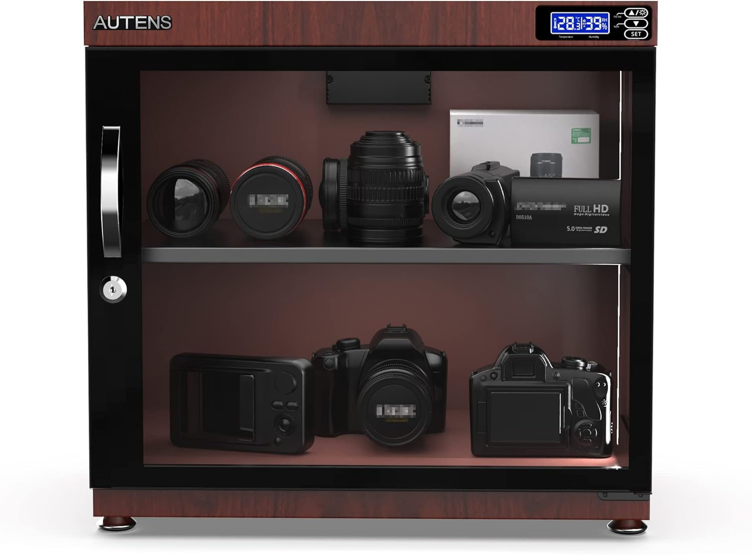 AUTENS 80L Dehumidifying Dry Cabinet Box, Wood Grain Design Digital Control Noiseless and Energy Saving, for Camera Lens and Electronic Equipment Storage,Temperature Humidity LED Dual Screen image number 1