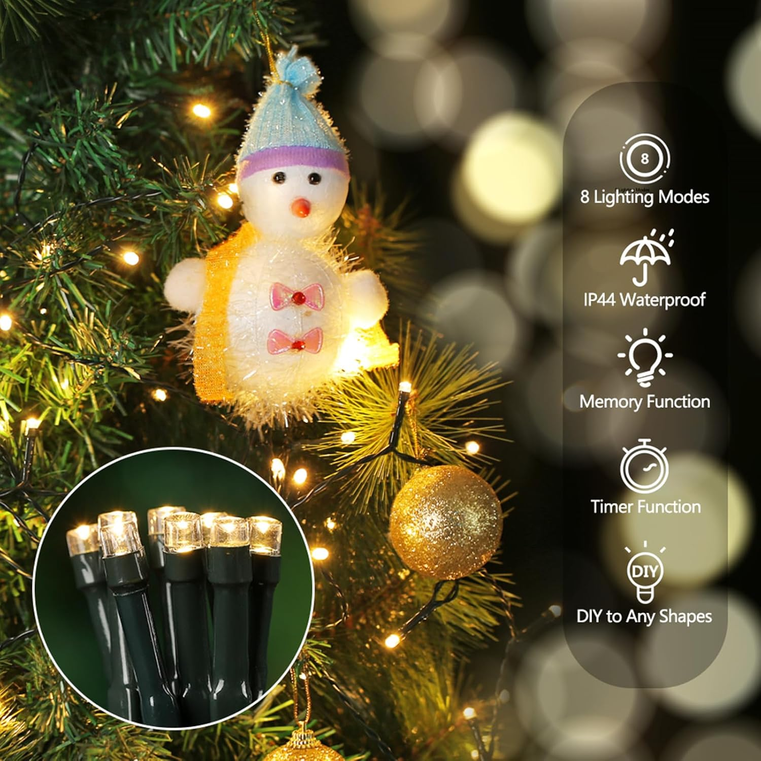 Philzops LED Christmas Fairy Lights Indoor 10 M 100 LED Christmas Lighting Outdoor Battery Warm White 8 Modes Waterproof Outdoor Fairy Lights for Christmas Tree Balcony Wedding Party Window Decoration image number 6