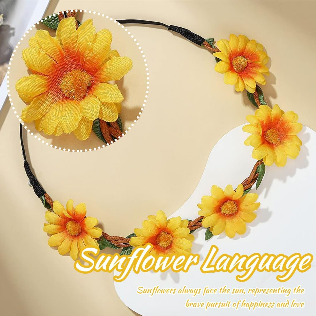 LQIOACU Pack of 2 Flower Wreath Sunflower, Headband Girls Spring, Sunflower Costume Women, Flower Decoration Hair, with 2 Children'S Tattoos image number 6
