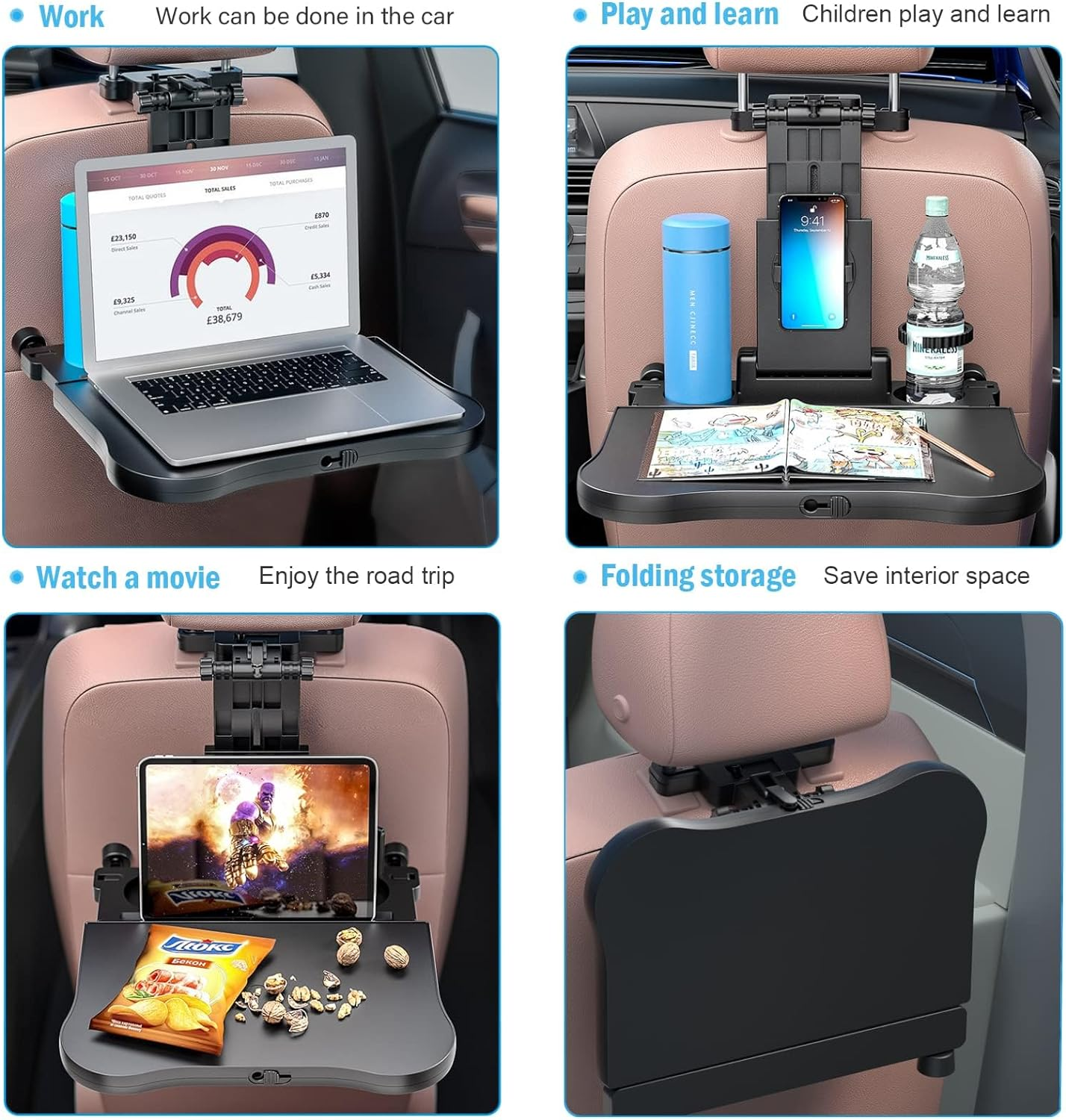 Car Seat Back Organisers Tray Holder - Foldable Car Headrest Table for Kids Passenger Backseat Travel Trays Dinning Working Laptop Desk with Phone & Cup Holder, Car Back Seat Tray for Father Mom Gifts image number 3