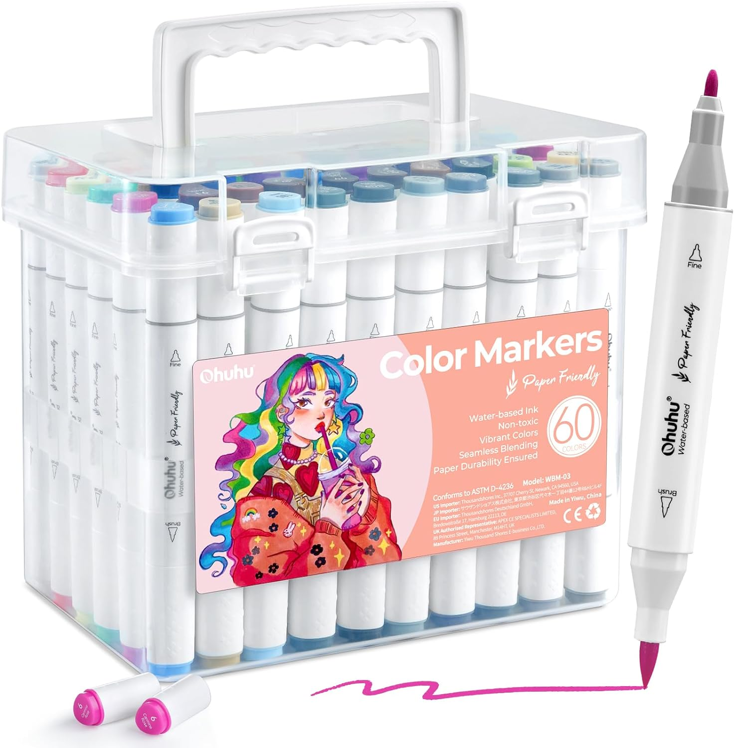 Ohuhu Markers for Adult Coloring Books: 60 Colors Water-Based Art Markers Paper Friendly Dual Brush Fine Tips Drawing Pens Coloring Markers for Kids Adults Calligraphy Sketching Bullet Journal
