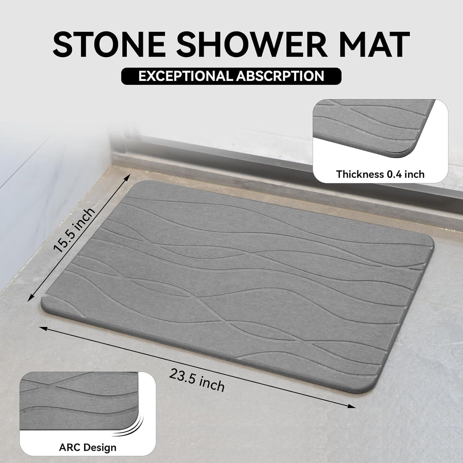 Diatomaceous Earth Bath Mat - Super Absorbent Fast Drying Bathroom Mat, Non-Slip Stone Shower Mat for Bath Tub, Soft Touch & Odor Resistant, Quick Dry Bath Mat (60 * 39Cm/ Dark Gray) image number 2