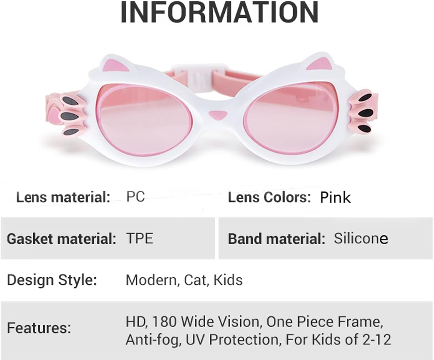 VEON Kids Swimming Goggles for Baby Girls, Cute Cat Design, Anti-Fog, UV Protection, Large Frame, Comfortable Fit image number 5