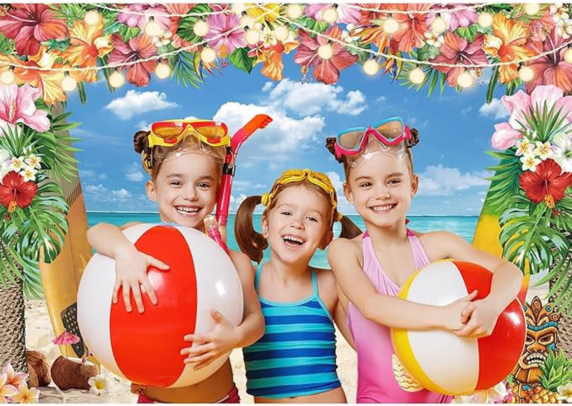7X5Ft Summer Hawaiian Beach Backdrop for Photography, Tropical Flower Luau Hawaiian Party Decorations, Background Tropical Luau Photo Backdrop Aloha Blue Sky Ocean Palm Leaves image number 3