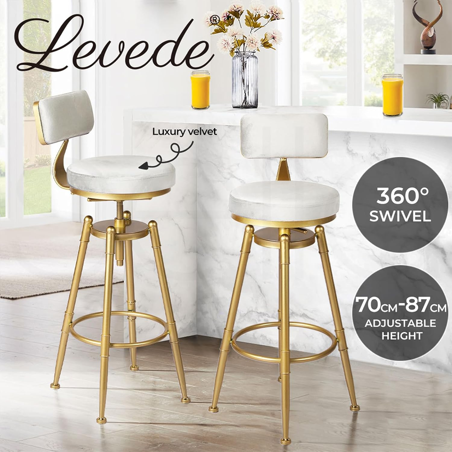 LEVEDE 2X Bar Stools Height Adjustable, 360&deg; Swivel Bar Chairs with Backrest and Footrest, Velvet Seat Kitchen Counter Stools for Home Bar, Dining Room, Cafe, 150Kg Capacity (White) - White image number 6