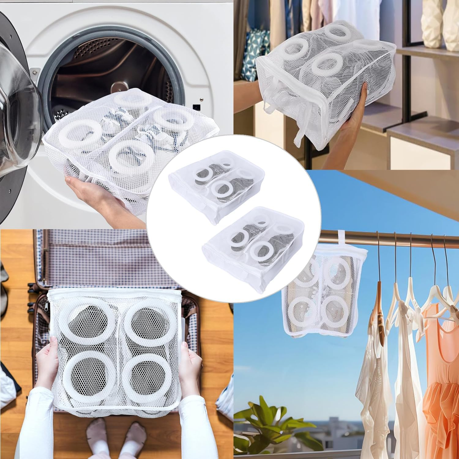 Yharnamite 2 Pcs Mesh Laundry Bags, Shoes Wash Bags, Travel Laundry Bag, Sneaker Mesh Washing Bag Shoe Bag for Washing Machine, Laundry Bag White Laundry Washing Bags Net image number 5