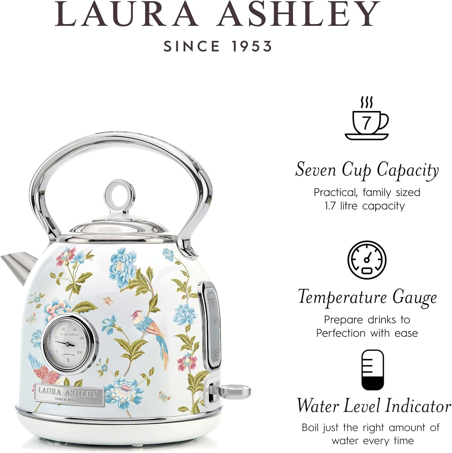 Laura Ashley Elveden White Electric Kettle 1.7L | Stainless Steel Kettle 2200W | Fast Boil Kettle Electric with Limescale Filter | Overheating & Boil Dry Protection Pyramid Retro Kettle - Laura Ashley Elveden Navy image number 2
