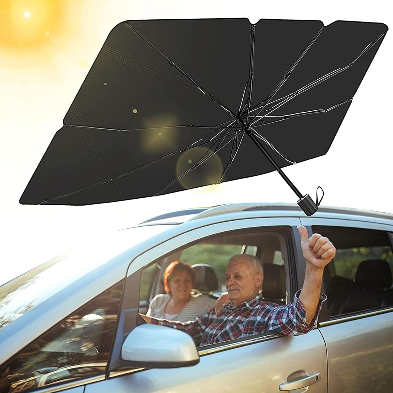 Sulfar Car Sun Shade,For Car Front Windshield, Car Umbrella Sun Shade Cover, Foldable UV Reflector and Heat, Sunshade for Cars, Fits Most Vans SUVS (57 X 31 In) image number 4